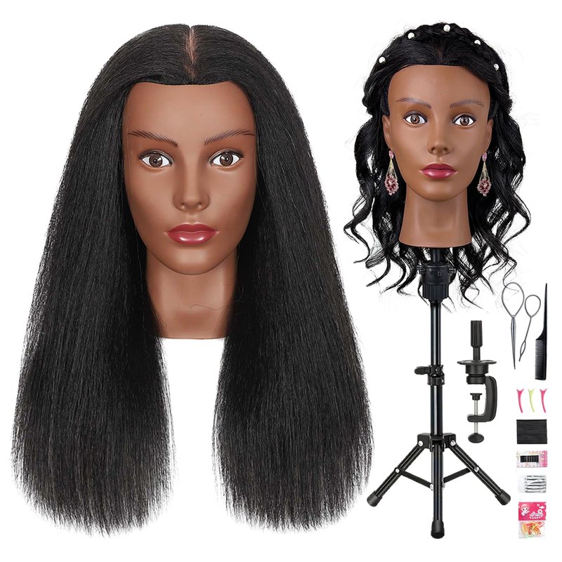 Mannequin Head Human Hair with 100% Real Hair Cosmetology Manikin Doll Head for Hair Styling 18" Mannequin Head for Braiding with Tripod Stand and Tools (Natural Black)