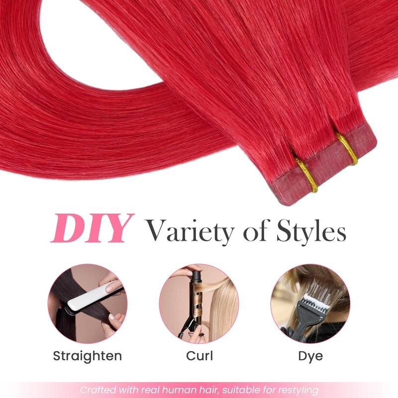 Aison Red Tape in Hair Extensions Human Hair Remy Human Hair Extensions Silky Straight for Women 20 Pcs/Package 18 Inch 40G 100%
