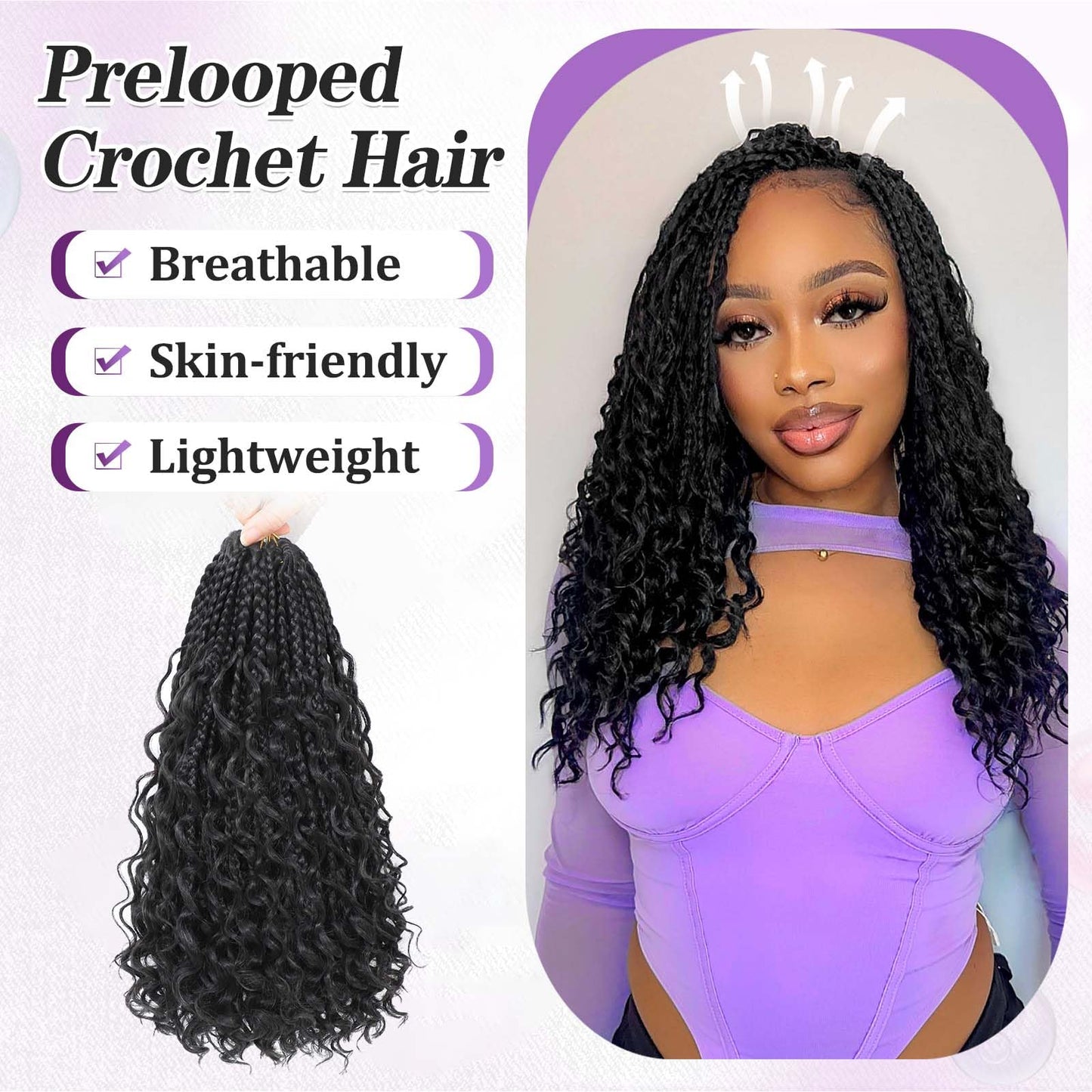 Long Goddess Box Braids Crochet Hair For Black Women-24 Inch 8 pack Pre Looped Boho Crochet Braids Prelooped Bohemian Boho Braids With Curly Ends Hair Extension（24in,1b/30）