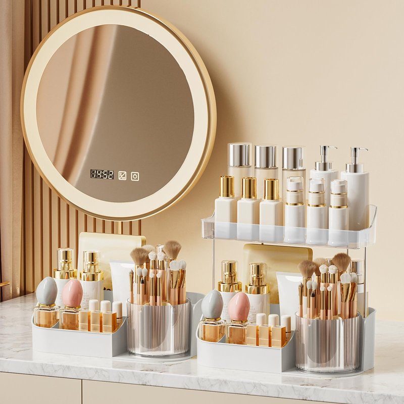 DASITON Large Capacity Makeup Organizer with 360° Rotating Makeup Brush Holder, Perfume and Skincare Storage Organizers for Vanity Bathroom Countertop, Cosmetic Display Case (White, 2 Tier)