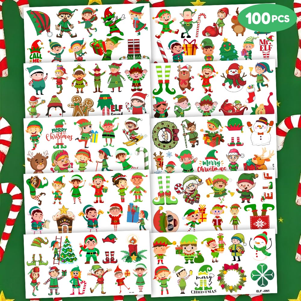 96PCS Elf Chritsmas Temporary Tattoos Winter Themed Birthday Party Decorations Supplies Favors Merry Xmas Snowflake Snowman Tattoo Stickers Gifts For Boys Girls Kids School Prizes Carnival Holiday