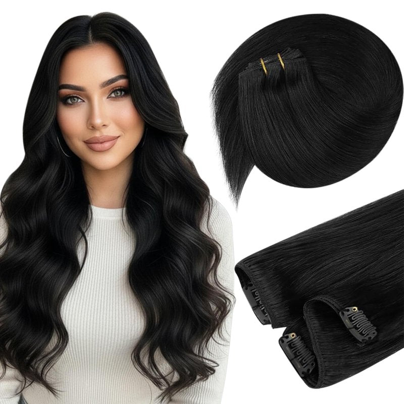 Sunny Hair Clip in Hair Extensions Real Human Hair 85g Remy Hair Clip in Extensions for Women Human Hair Extensions Natural Black 12 Inch