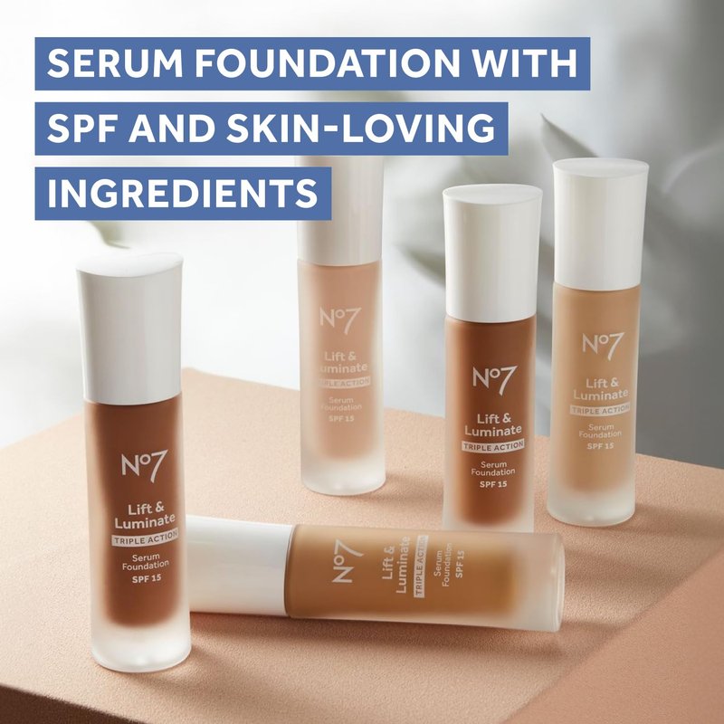 No7 Lift & Luminate Triple Action Serum Foundation - Liquid Makeup with SPF 15 for a Dewy, Glowy Base - Radiant Formula for Mature Skin - Warm Beige (1 Fl Oz)