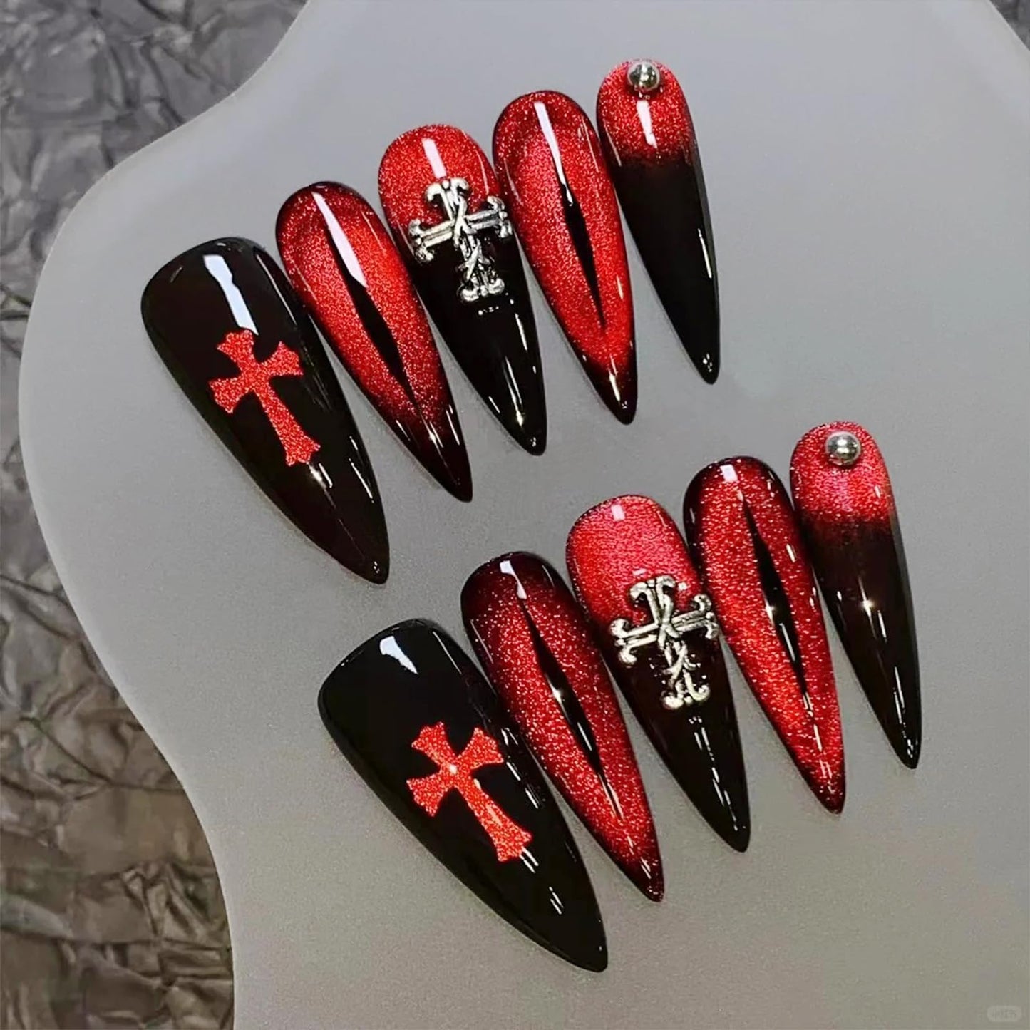 Cross Nail Charms,1Boxes 12Grids 3D Silver Goth Nail Gems,Vintage Metal Alloy Cross Star Heart Nail Charm Rhinestones Studs for Women Girls Manicure Design (B)