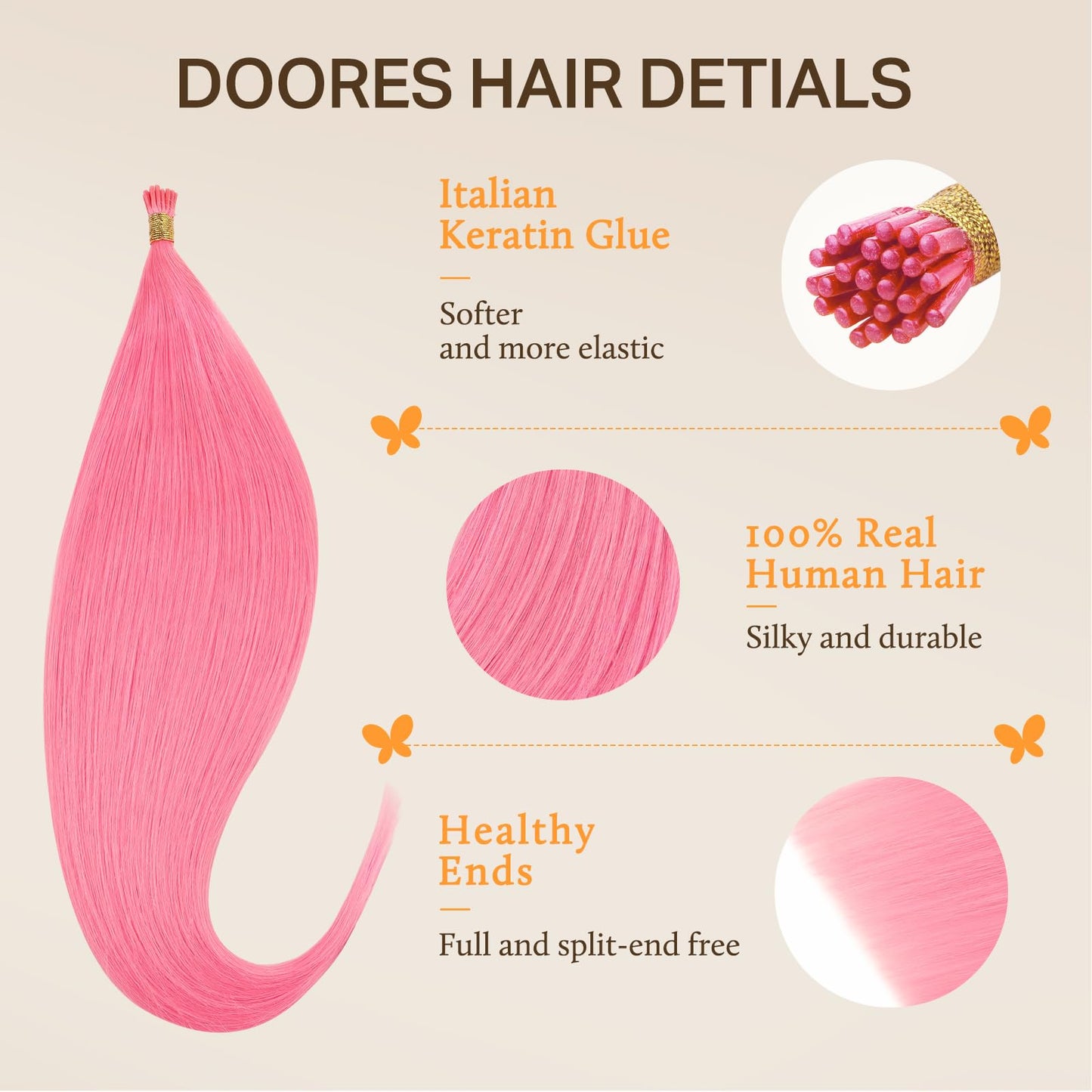 DOORES Light Pink Hair Extensions, 25g/25s 22 Inch I Tip Human Hair Extensions for Women