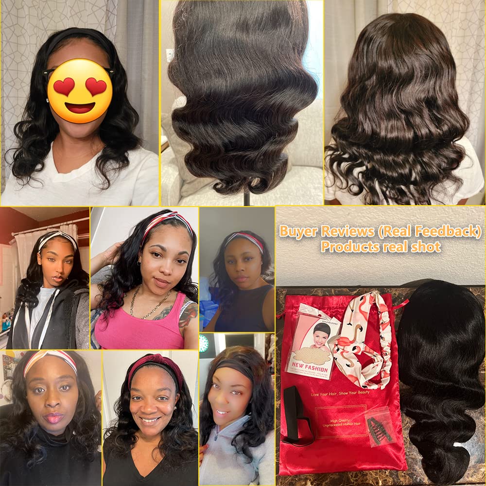 Miss Lee Headband Wig Body Wave Human Hair Headband Wigs For Black Women 12inch 150% Density Natural Black （12inch,Headband wig）