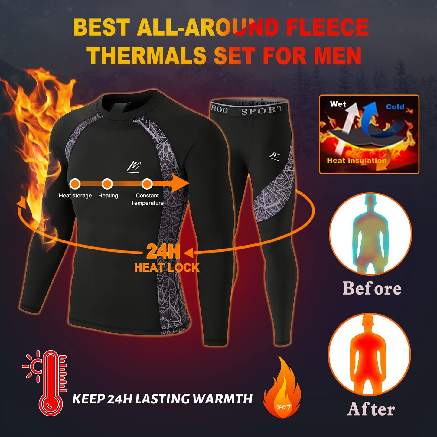 MeetHoo Men's Thermal Underwear Set Sport Long Johns Base Layer Bottom Top for Skiing Running Green