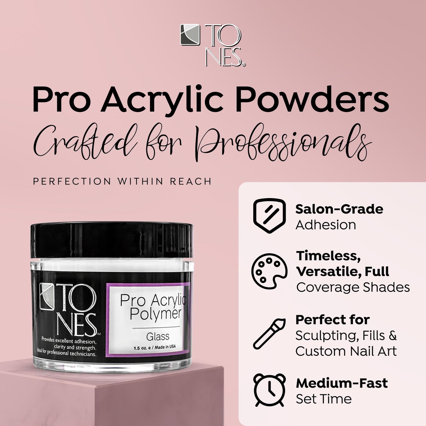 Tones Pro Acrylic Nail Cover Powder, Glass (Clear), (3.5 Fl Oz) - Bubble Free Long-Lasting & Non-Yellowing Polymer Acrylic Nail Powder for Salon & Home Quality Nail Carving Extensions & 3D Art