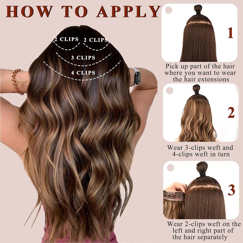 Long Wavy Hair Extensions - 4PCS Copper Red Curly Synthetic Thick Hairpieces | 20 Inch Double Weft Full Head