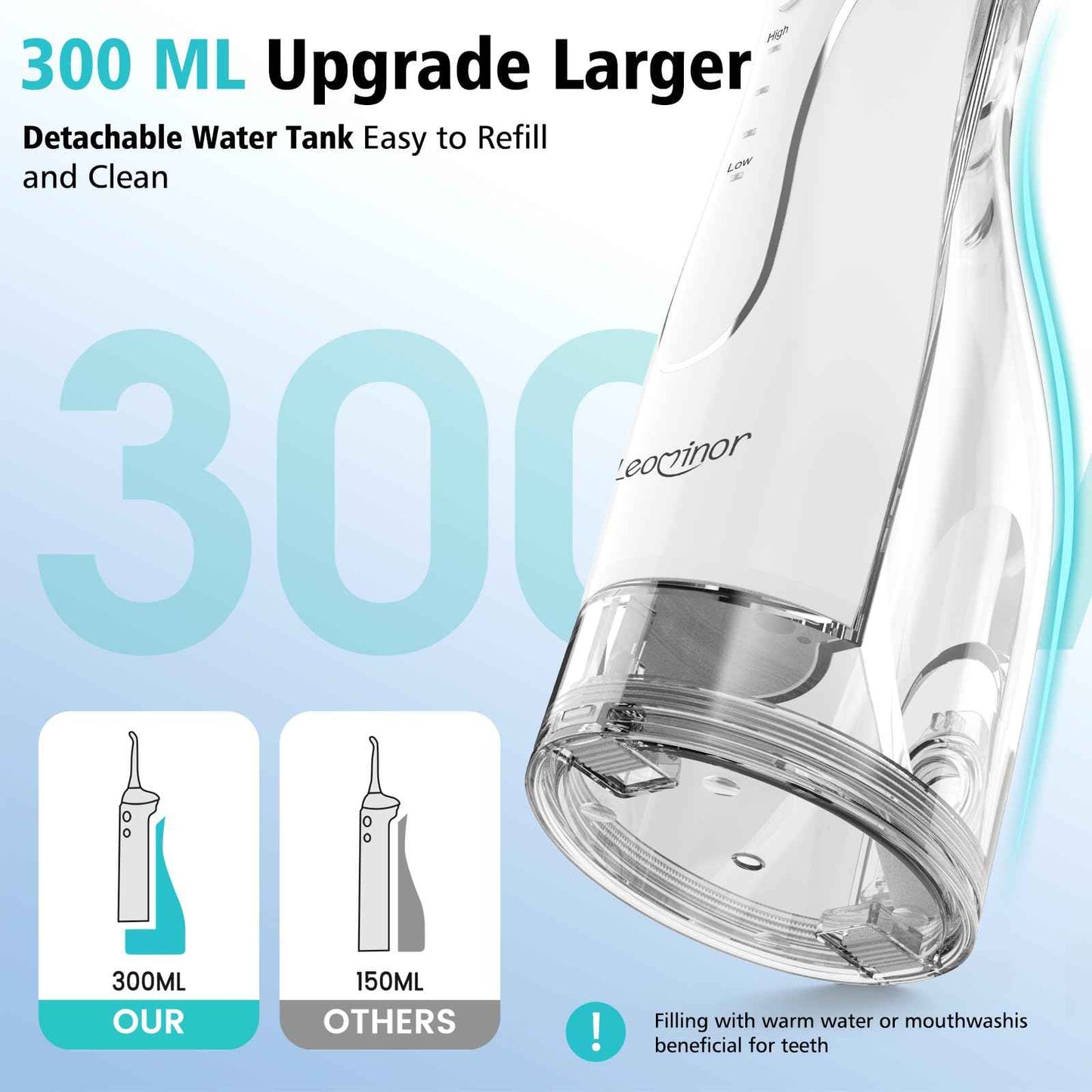 Leominor Water Dental Flosser Pick for Teeth, 300ML Portable Oral Irrigator Upgraded Tank Removable,IPX7 Waterproof, Rechargeable Travel Teeth Cleaner, Professional Electric Flossing (White)