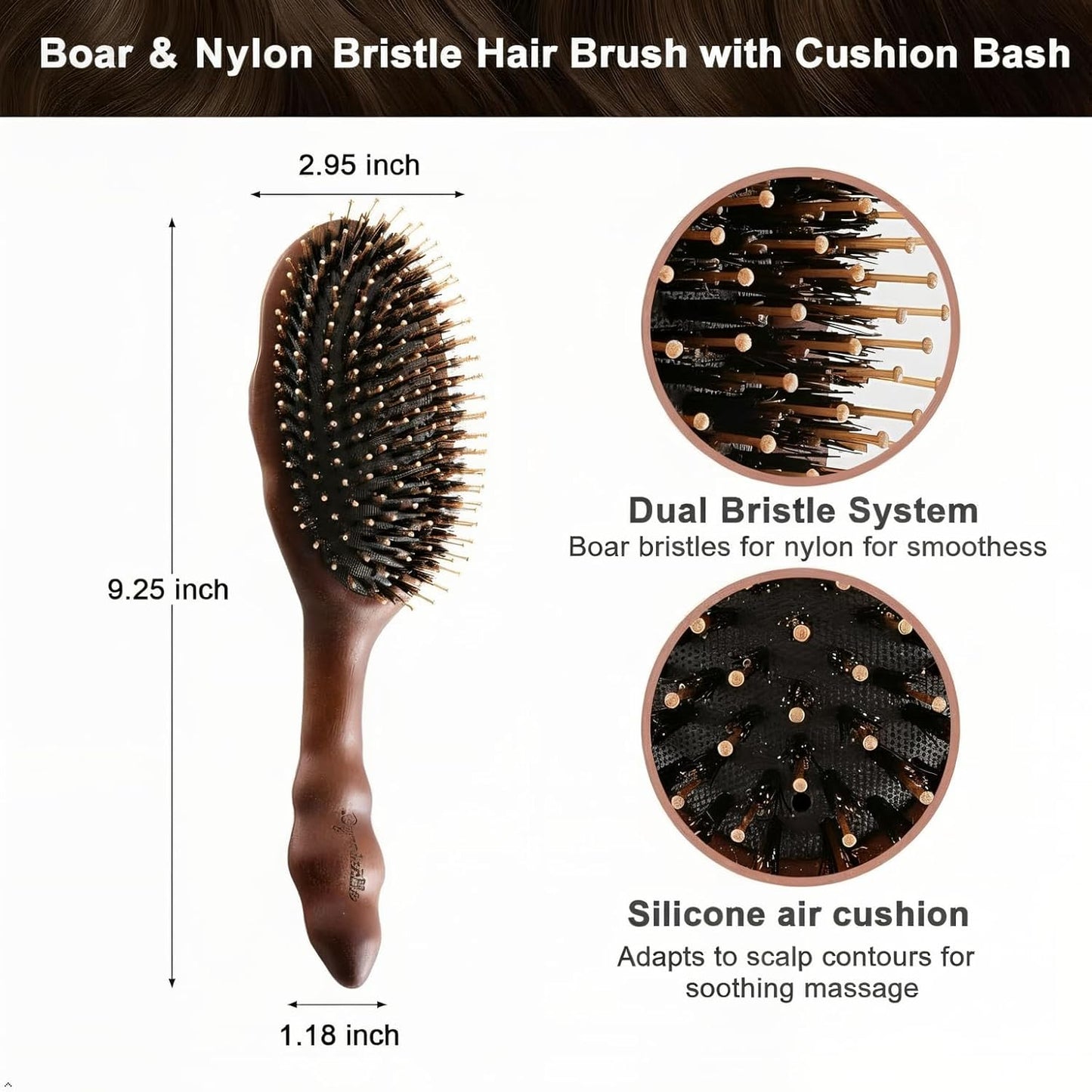 Boar Bristle Hair Brush - Gentle Detangling for Fine, Thin & Curly Hair | Smooth, Shiny Finish