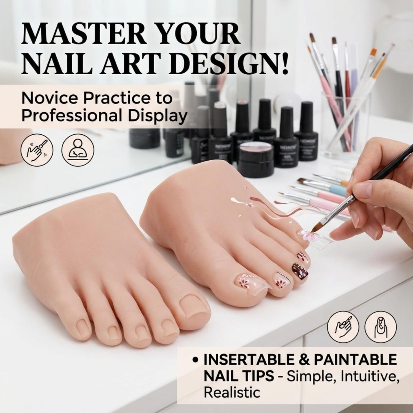 Nail Art Training Foot 1 Pair Fake Half Foot for Pedicure Practice, Soft Wear Resistance Silicone Practice Foot Pedicure Tattoo Practice Silicone Foot Model Acrylic Nails