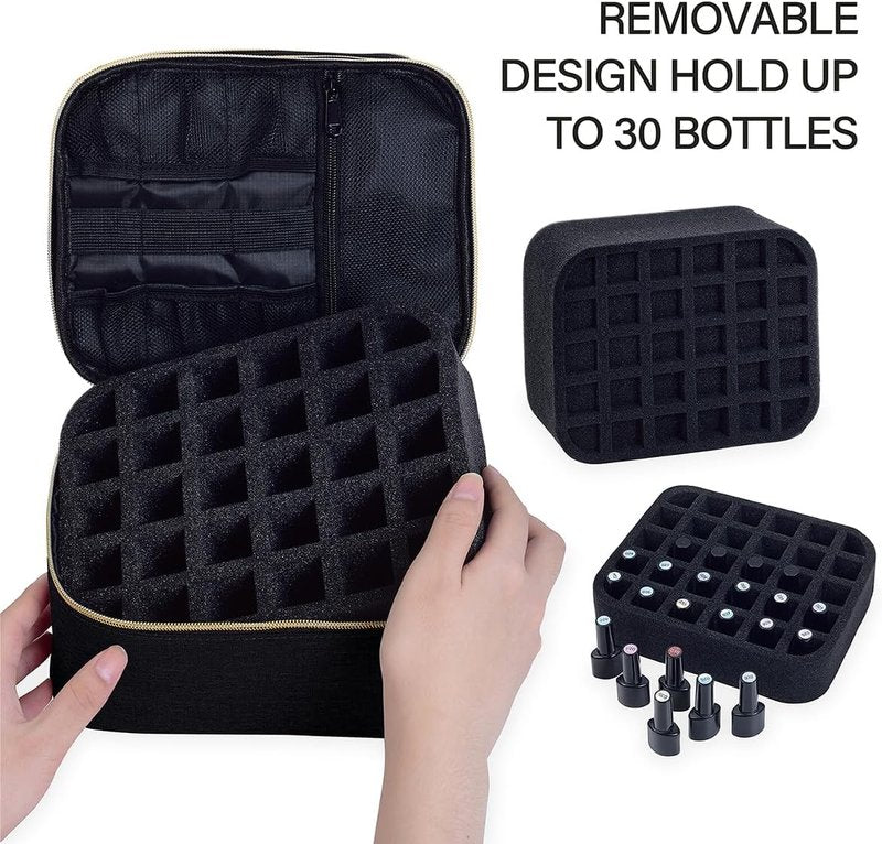 Nail Polish Organizer - Handheld Double Layer Storage with Adjustable Dividers | Holds 30 Bottles (15ml/0.5 fl. oz) - Black