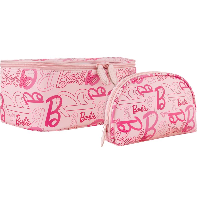 Concept One Barbie 2-Piece Women's Makeup Bag, Two Zipper Travel Cosmetic Zipper Pouch Organizer with Logo, Pink