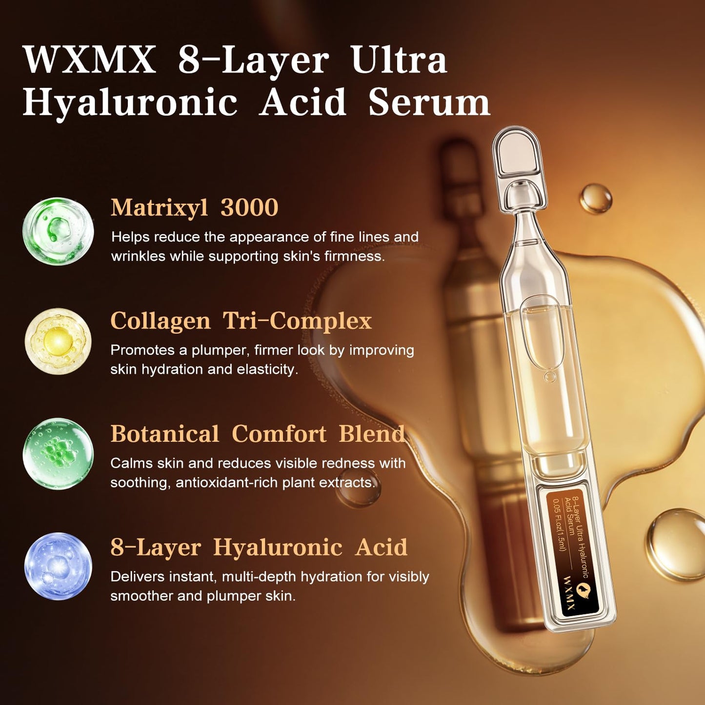 WXMX Ultra Hyaluronic Acid Serum for face with 8 Types of HA - 80,000 ppm HA Complex, Matrixyl 3000, Collagen Tri- Complex & Peptides, Multi-Layer Hydration Anti-Aging Face Serum