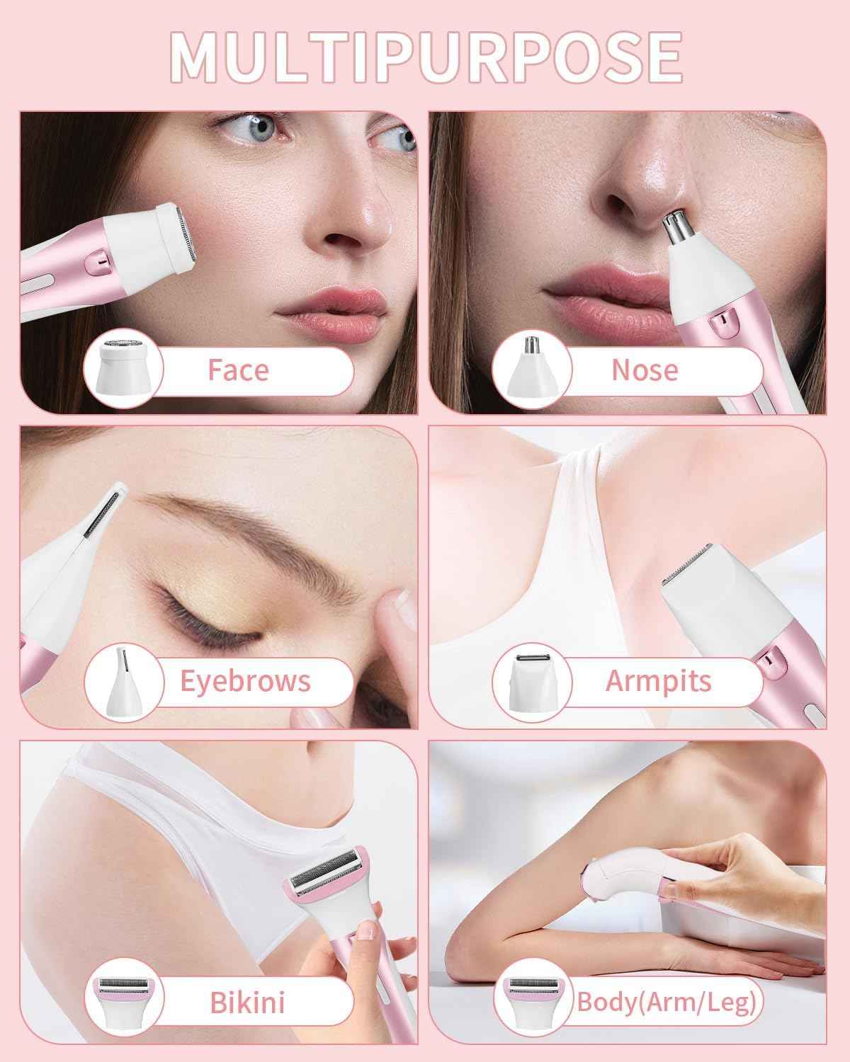 5 in 1 Bikini Trimmer for Women, Electric Razors for Women with LED Light & LCD Display, Wet/Dry Pubic Body Hair Trimmer, Waterproof Easy Cleaning Body Shaver Bikini Razor with 5 Trimmer Heads