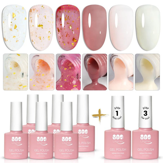 YTD Likomey Nude Gel Nail Polish Set,Translucent Neutral 6 Color with Base and Top Coat Set,Milky White Pink Peach Red Gold Foil Jelly Sheer UV Nail Gel Varnish DIY,8 Pcs 7.5 ml