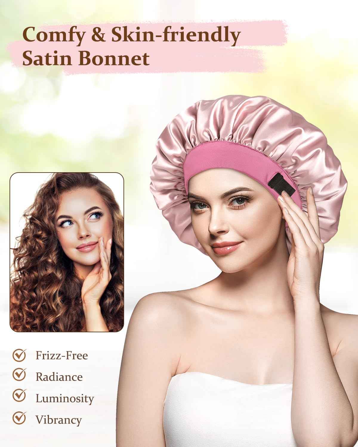 mikimini Satin Bonnet for Sleeping Women, Ajustable Reversable Silky Bonnet for Sleeping, Large Hair Bonnet for Curly Hair Braids, Pink Elegant, 2 Pieces