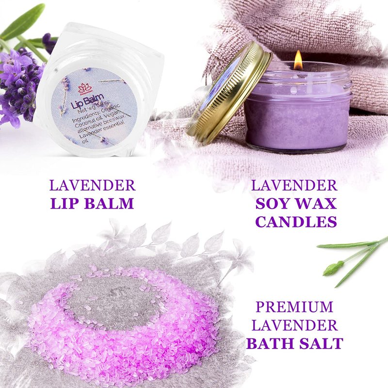 Organic Lavender Gift Basket - Spa Kit with Soy Wax Candle, Bath Bombs & Natural Oils | Perfect Gift for Women & Moms