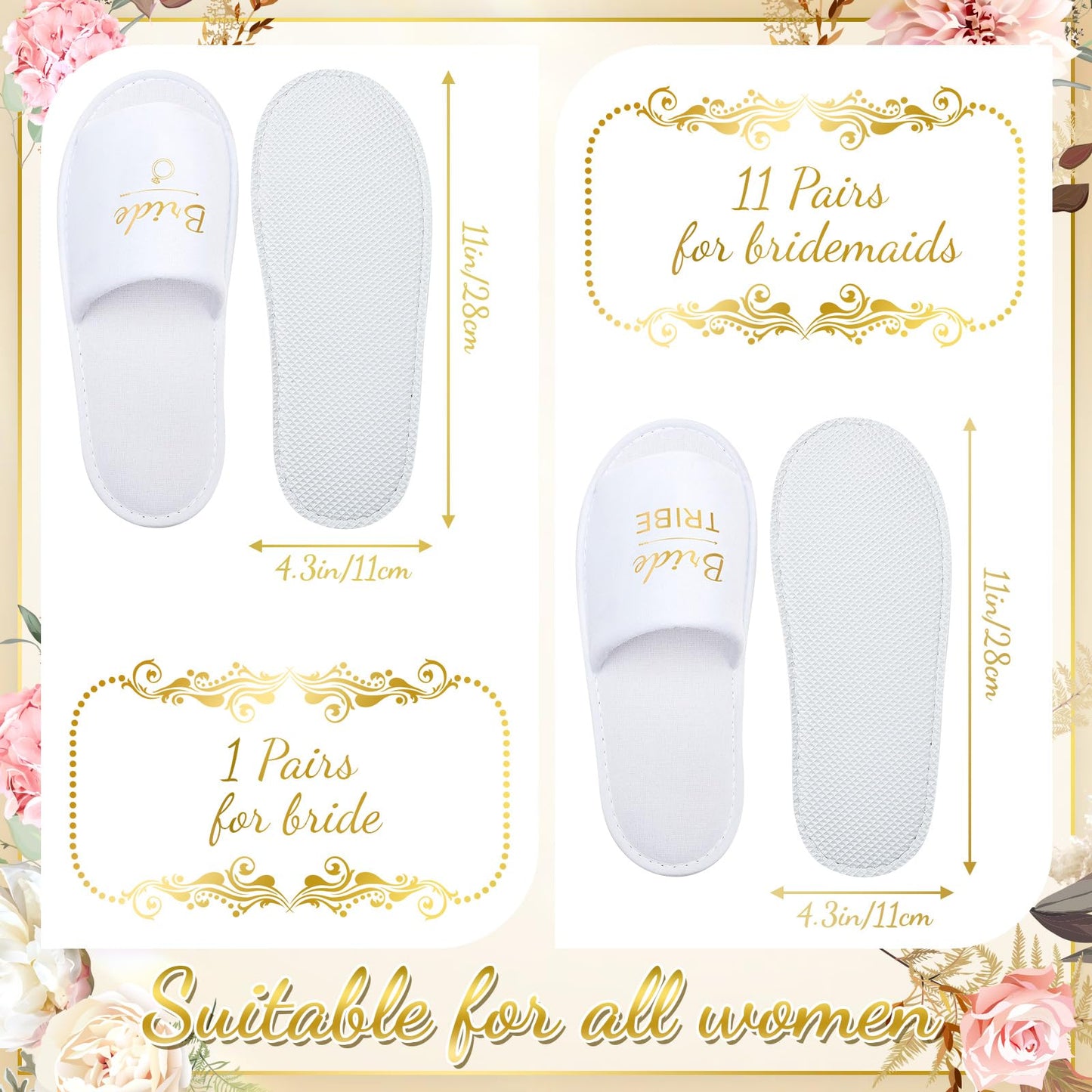 Ramede Set of 12 Bridesmaid Slippers, Disposable Wedding Slippers Bulk, Bride & Bridesmaid Tribe Gifts for Wedding Day Bridal Party, Bachelorette Party Favors (one Size Fits Us 6-10)