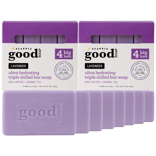 Alaffia Good Soap Lavender 2-Pack (8 Bars) – Long-Lasting, Triple-Milled with Fair Trade Shea Butter