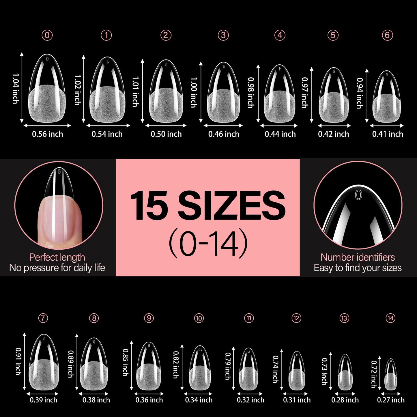 AILLSA Medium Almond Shaped Nail Tips - 15 Sizes 450pcs Acrylic Nails Tip Full Cover Half Matte Nails Tips Press on Nails for DIY Home Salon
