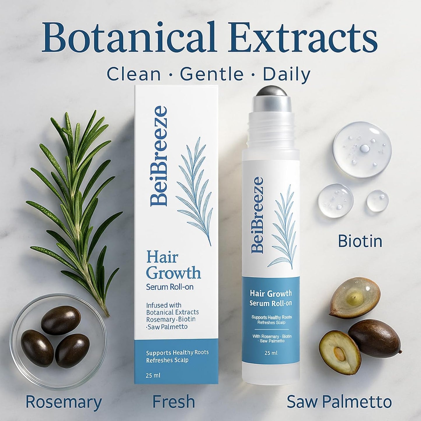 Rosemary Hair Growth Serum Roll-On 25ml | Nourishing Scalp Treatment with Biotin & Saw Palmetto for Thicker Hair | Unisex 2-Pack