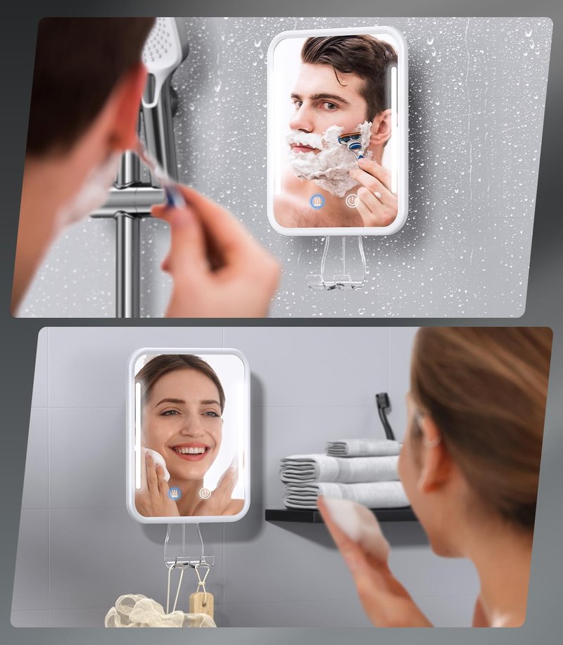 Gospire Heated Shower Mirror Fogless for Shaving with Light, 5000mAh Rechargeable Battery, Detachable Suction Cup and Razor Holder for Wall, NO-Drilling, Removable, Waterproof for Bathroom - White