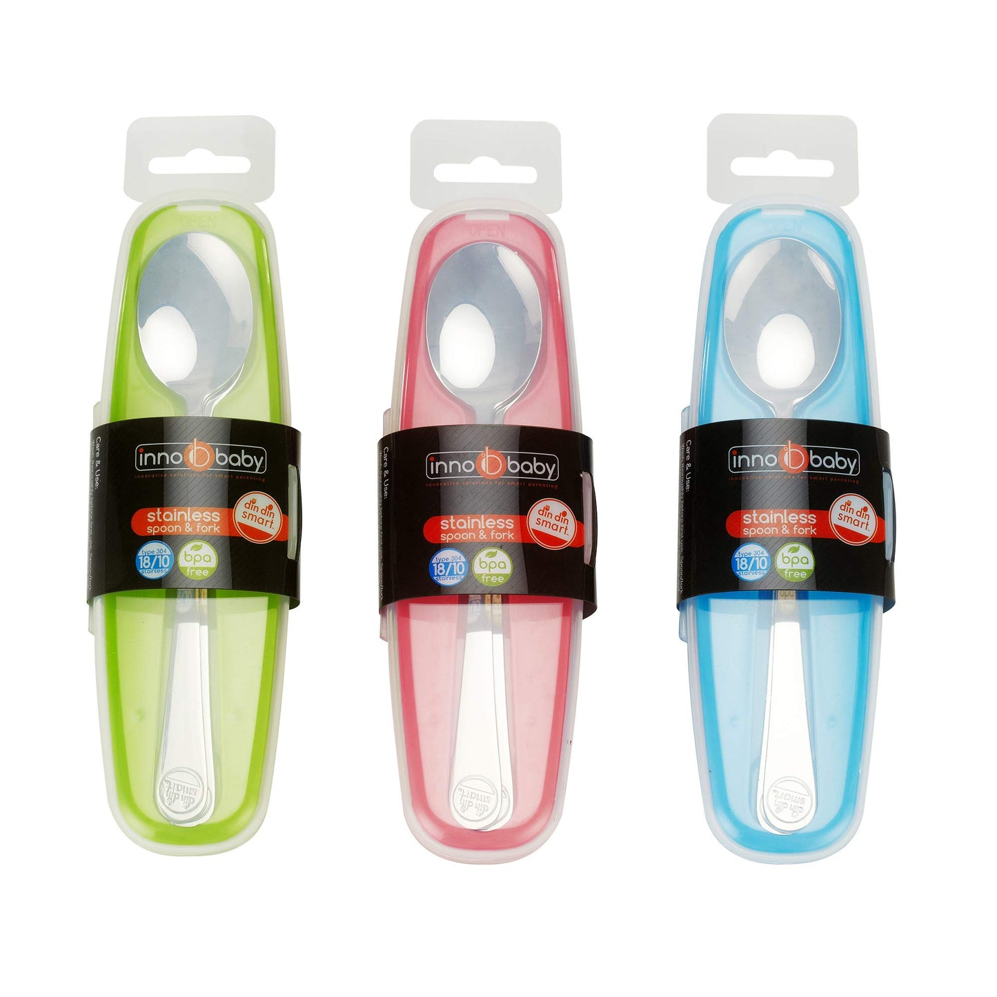 Innobaby Din Din Smart Stainless Steel Spoon and Fork with Carrying Case. Utensil Set for Kids and Toddlers. BPA Free. Blue.