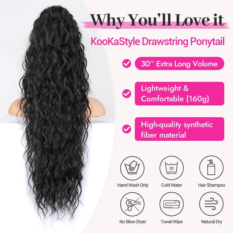 KooKaStyle Ponytail Extension 30 Inch Drawstring Pony Tails Hair Extensions for Women Long Curly Ponytail Synthetic Hairpieces for Daily Wear, Party, Gym（Black-1B）