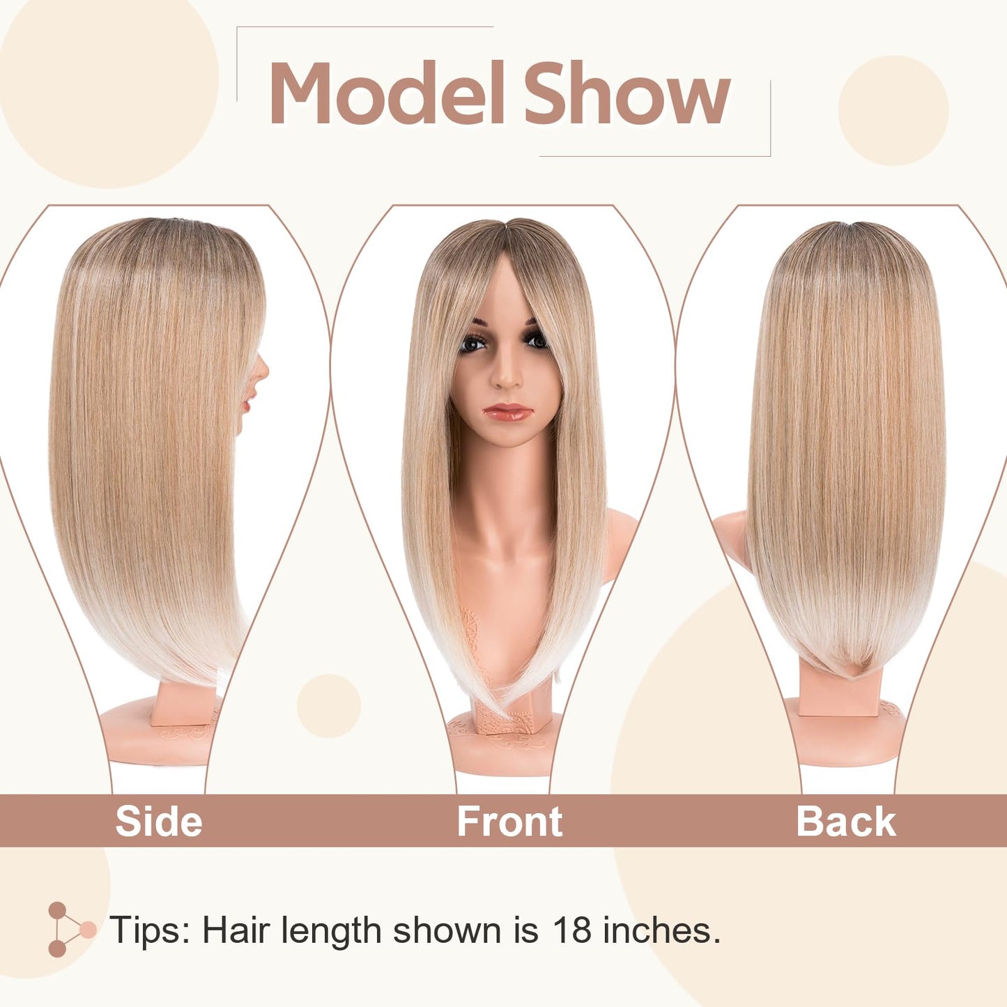 SEGOHAIR Synthetic Hair Topper for Women, 6"x6" Lace Base, Covers Gray Hair, Thinning, High Hairlines, Soft Natural Straight, 4 Clips, Center Parted Bangs 18" Mixed Blonde to White with Dark Root