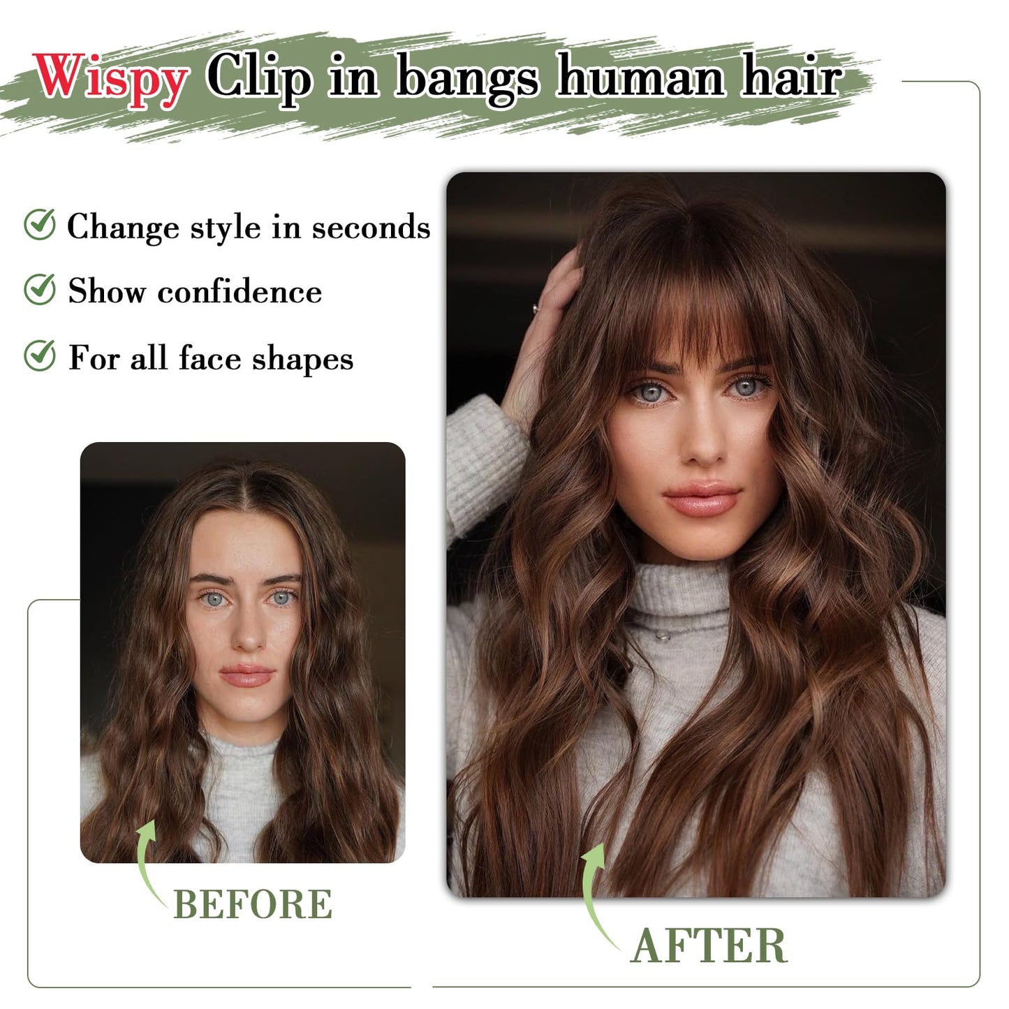 Carendia Bangs Hair Clip Human Hair Natural Black French Bangs for Women Fringe with Temples Hairpieces (Brown Black, 3D Bangs)