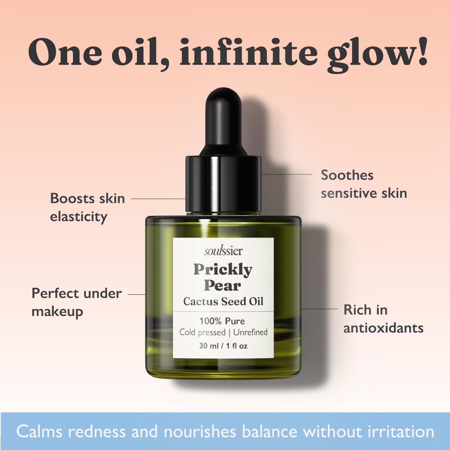 Soulssier Prickly Pear Seed Oil – 100% Pure, Fragrance-Free, Extra Virgin, Cold Pressed & Unrefined | Face Oil for Skin, Hair & Nails | Dry, Sensitive & Mature Skin Deeply Hydrating | 1 oz