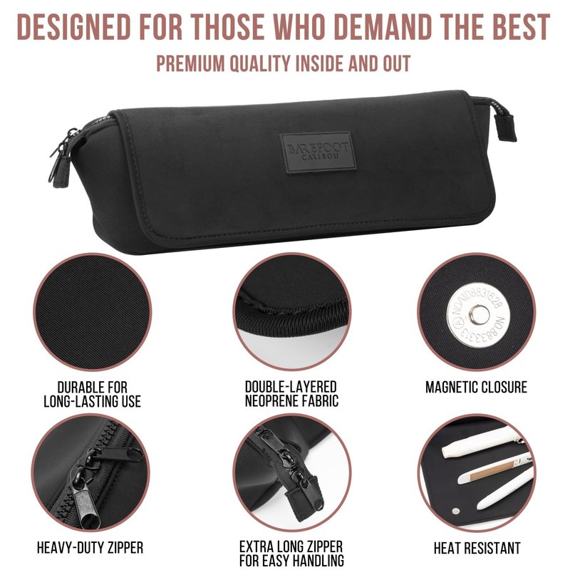 BAREFOOT CARIBOU Hair Tools Travel Bag and Heat Resistant Mat (15.5") for Flat Irons, Straighteners, Curling Iron, and Haircare Accessories, 2-in-1 design, Interior Pockets, Portable Organizer (Black)