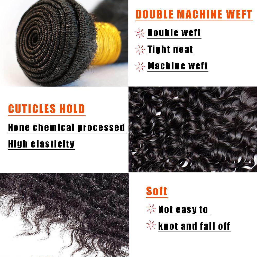Water Wave Human Hair Bundles 14 16 18 Inch Deep Curly Bundles Human Hair Unprocessed Native Virgin Hair 100/PC 3 Extensions Natural Black Color 1B Wet and Wavy Human Hair Extensions for Women