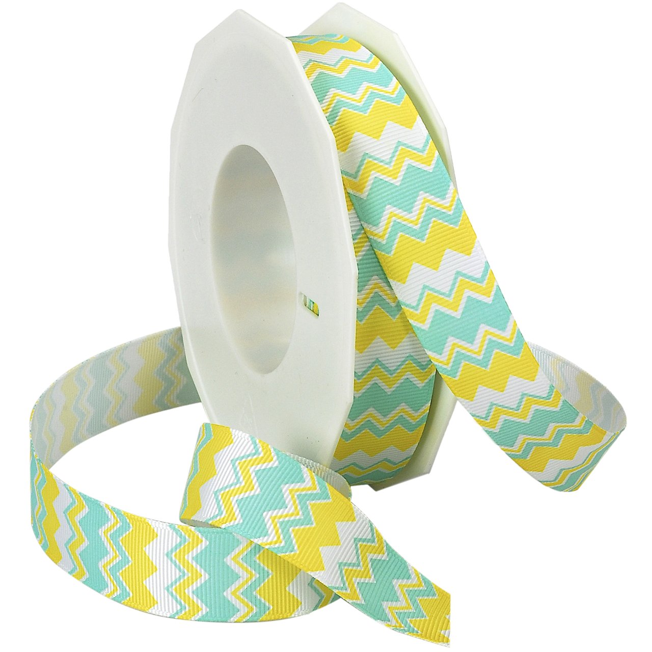 Morex Ribbon Chevron Printed Grosgrain Ribbon, 7/8-Inch by 20-Yard Spool, Aqua/Daffodil, 98022/20-042
