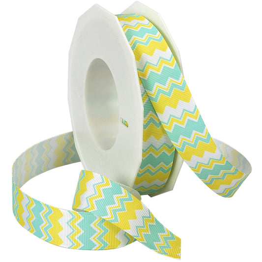 Morex Ribbon Chevron Printed Grosgrain Ribbon, 7/8-Inch by 20-Yard Spool, Aqua/Daffodil, 98022/20-042