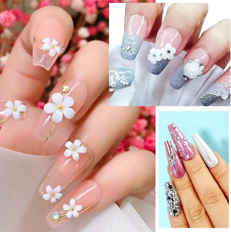 3D Flowers Nail Art Charms Kit - 400Pcs Acrylic Flowers & 1500Pcs AB Rhinestones | 200Pcs Butterflies & Bows for Creative Nail Designs