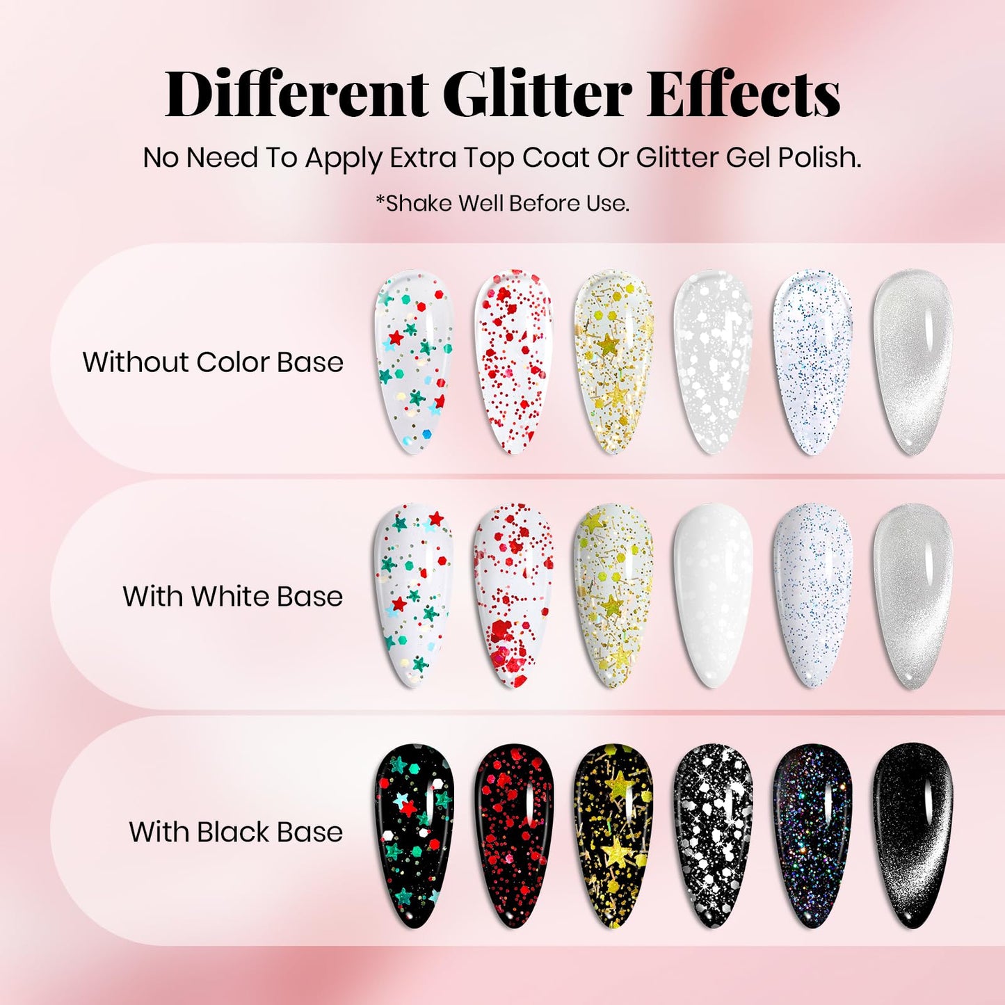 Beetles Glitter Gel Top Coat Set, 6Pcs 10ml Sparkle Glitter Cat Eye Top Coat Gel Nail Polish No Wipe Long Lasting Soak Off U V LED Manicure Salon DIY Gifts for Women