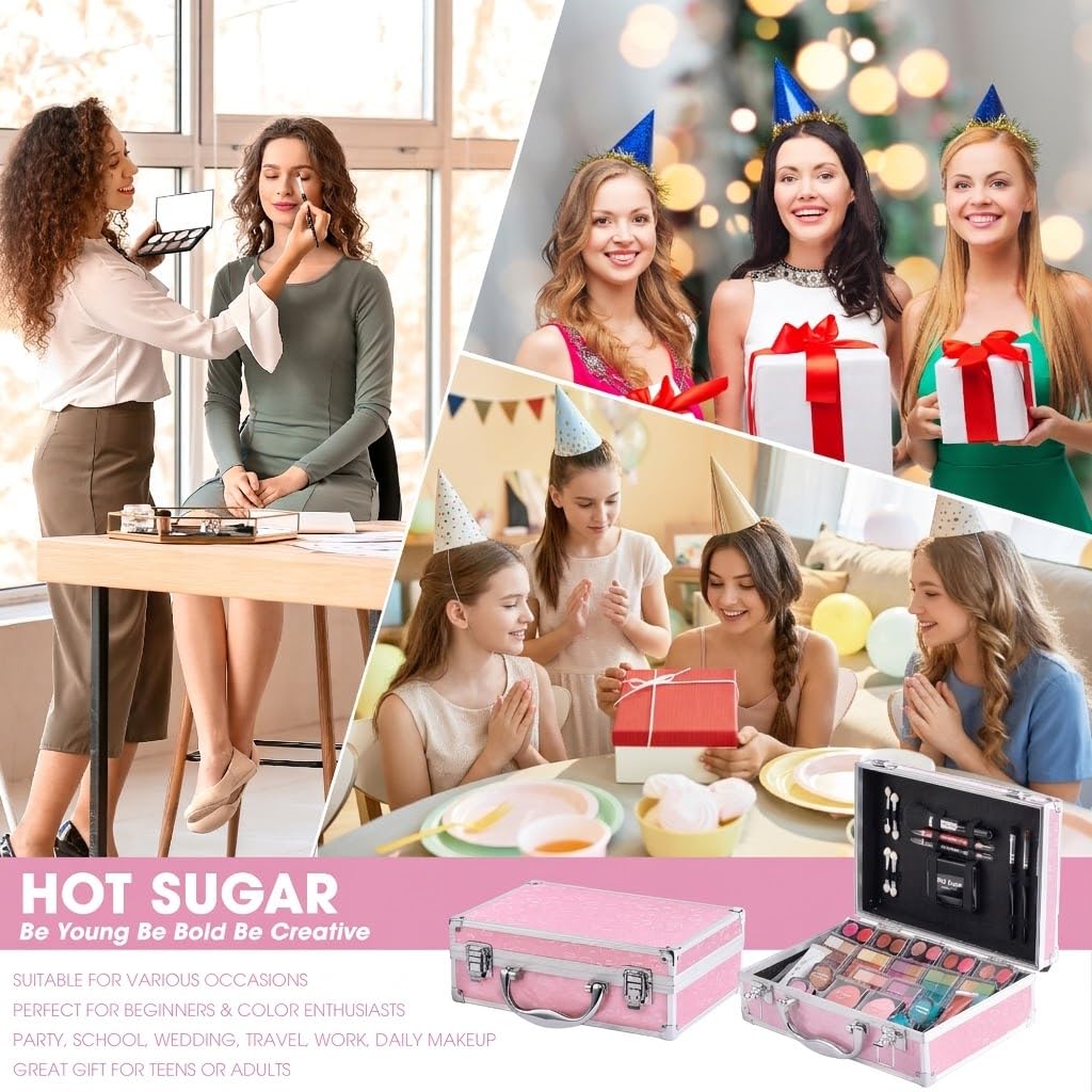 Hot Sugar Makeup Kit for Teenager Girls - Full Starter Cosmetics Set with Eye Shadow Lip Balm Blush Lip Gloss Brush Lip Pencil Eye Pencil and Mirror (Pink Love)