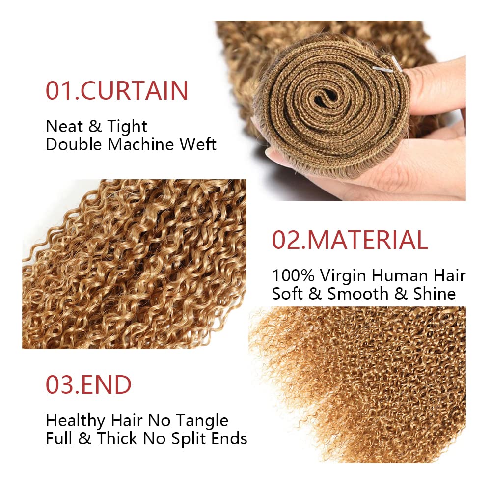 Color 27 Curly Wave Bundle Honey Blonde Human Hair 3 Bundles Kinky Curly Brazilian 100% Unprocessed Virgin Extensions Double Weft Bundle 8 10 12 Inch