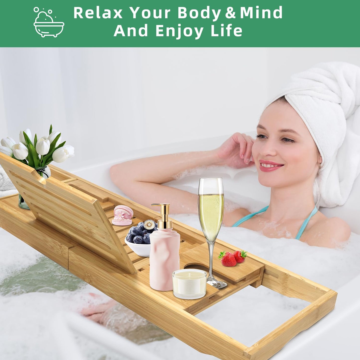 my novel things Bathtub Tray, Foldable Bath Tray for tub, Bamboo Bathtub Trays for tub, Luxurious Bath Accessories with Wine, Book & Tablet Holder - Expandable Size Fits Most Tubs - Wedding Gifts