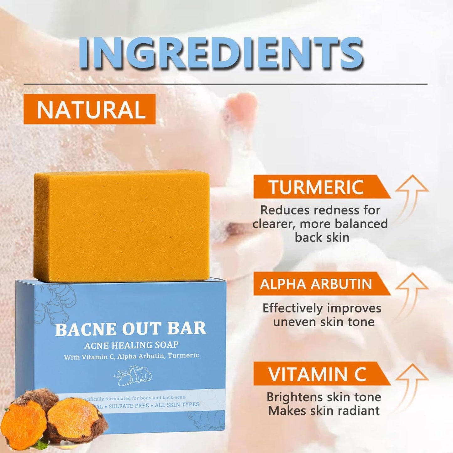 PARWENE Bacne Out Bar, Acne Healing Soap with Turmeric Vitamin C & Alphaarbutin, Natural Exfoliating Cleanser for Back, Face, Chest, Shoulders (1)