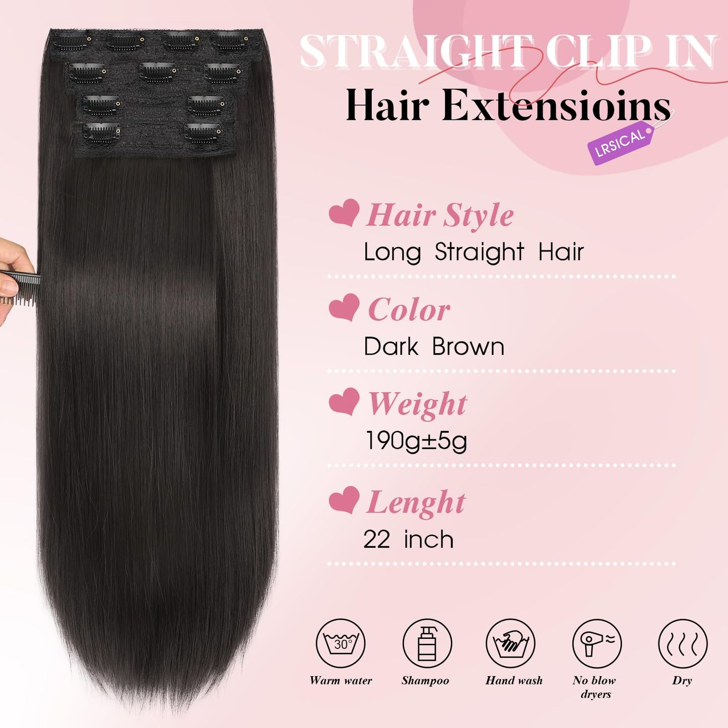 LRSICAL Hair Extensions,Clip in Hair Extensions Dark Brown Long Straight 4PCS Hairpieces Natural Soft Fiber Double Weft Hair for women 22 Inch