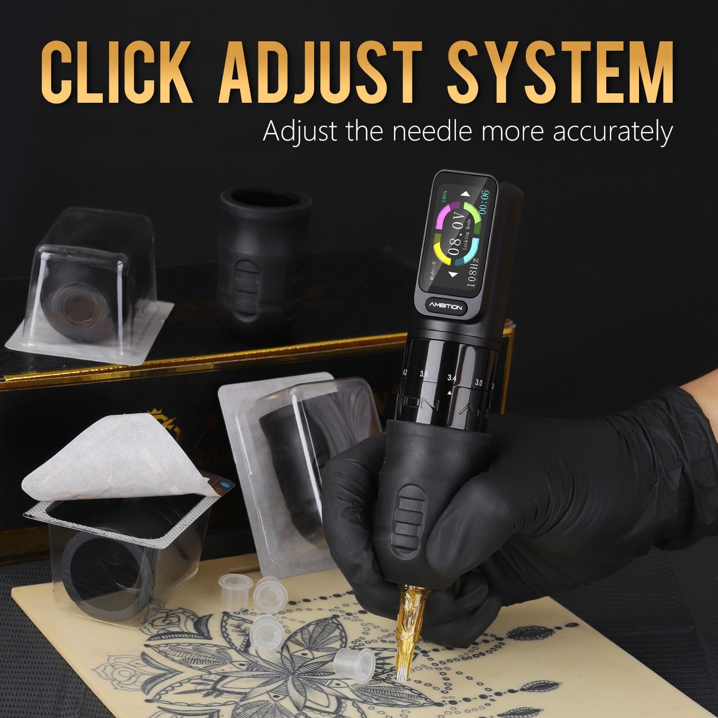 Ambition Mars-U P1 Disposable Tattoo Grips - 12Pcs 38MM Professional Tattoo Rubber Grip Cover with Click Adjust System Supply for Rotary Mars-U, Seher & Paco Tattoo Pen Machine Gun