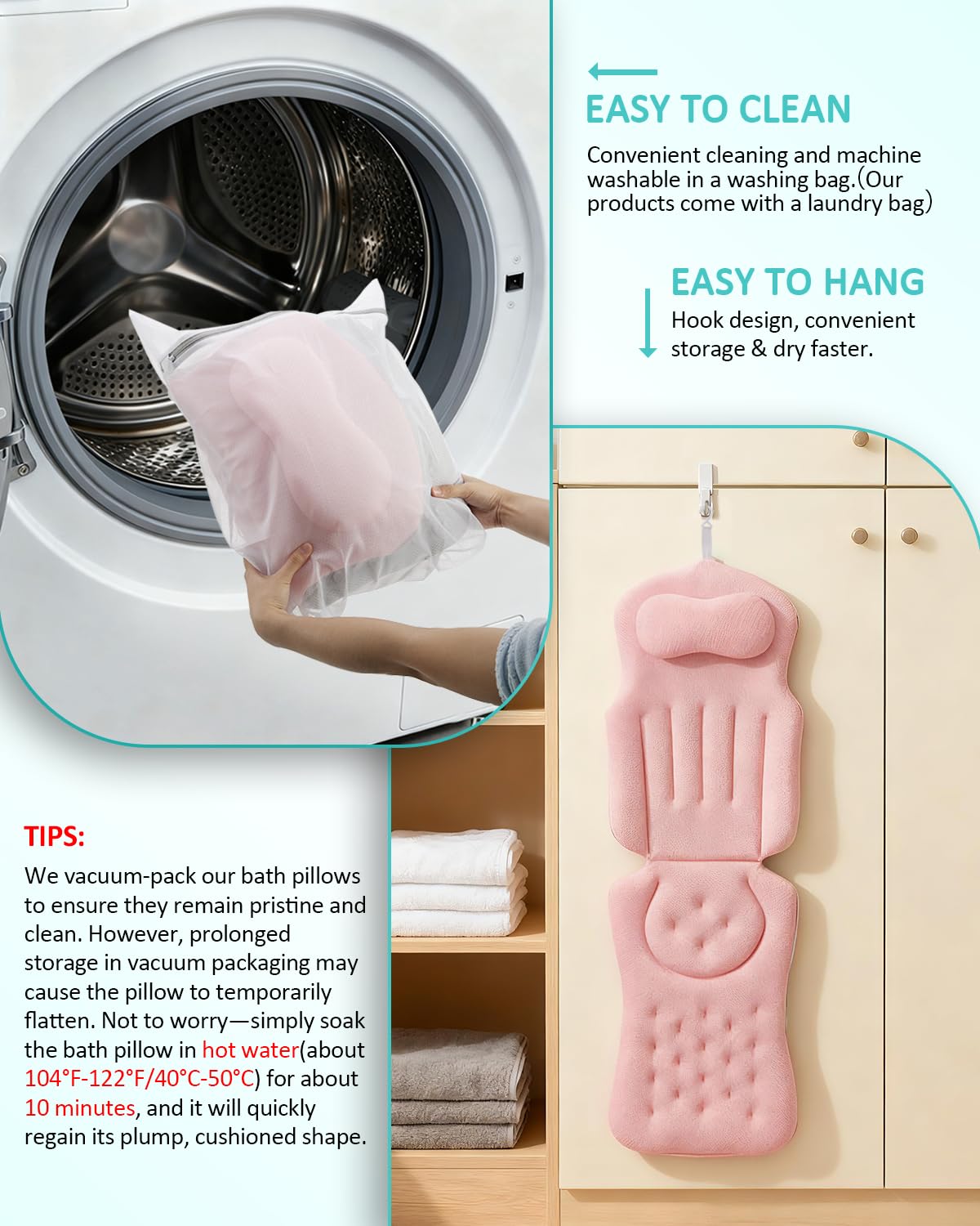 Full Body Bath Pillow for Bathtub, 5D Thick Tub Pillow for Bathtub with 192 Non-Slip Suction Cups, Laundry Bag & Hook, Bathtub Pillow for Head, Neck & Back Support (Pink, 51"*15")