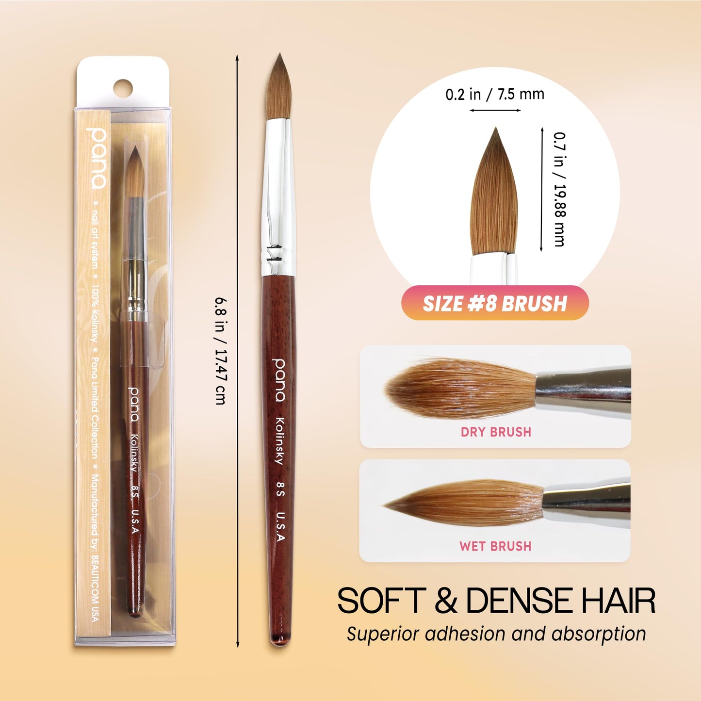 PANA Pure Kolinsky Hair Bristles Acrylic Nail Brush Oval Crimped Shaped Mahogany Wood Handle Professional Salon Quality (Size 8, Mahogany)