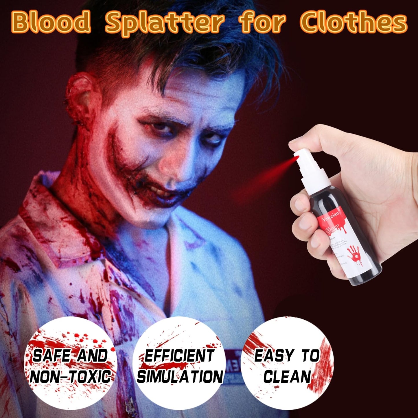 Yeweian 4PCS Fake Blood Makeup Kit, Washable Fake Blood Spray 2.1oz, Dripping Blood 2.1oz, Coagulated Blood 1.06oz and One Stipple Sponge, Halloween SFX Makeup for Zombie,Vampire and Monster Cosplay
