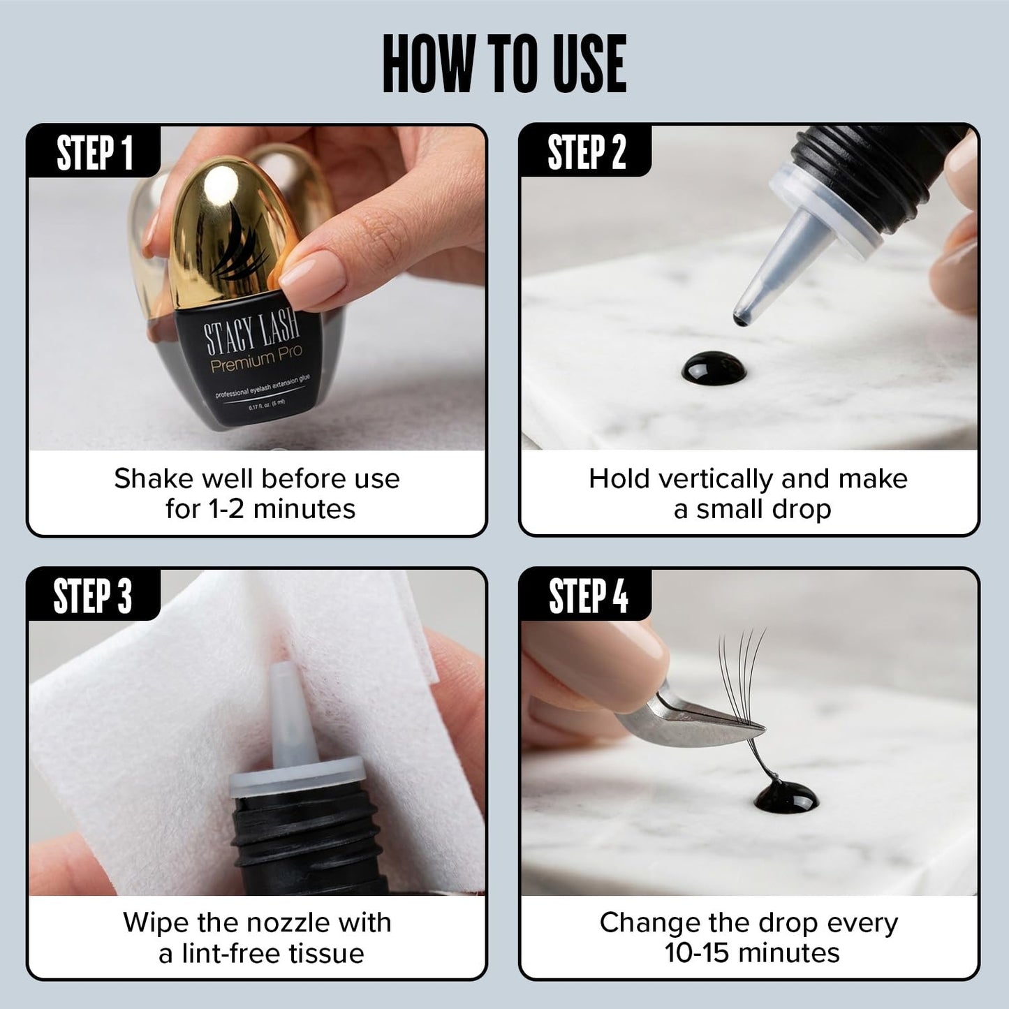 STACY LASH Premium Pro Eyelash Extension Glue 5ml 0.17 fl. oz./ Upgraded Low Fume Formula / 0.3 Sec Drying Time / 7 Week Retention/Extra Strong Black Lash Adhesive/Lash Tech Supplies