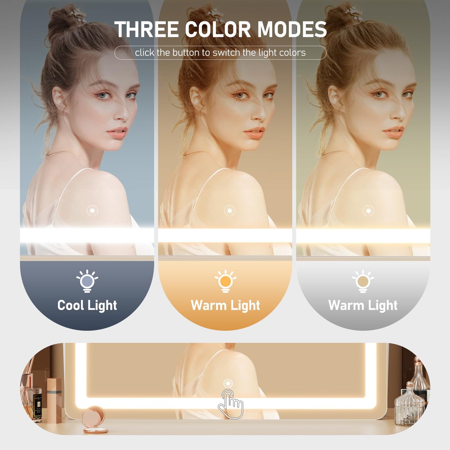 Gvnkvn Vanity Mirror with Lights, 15"× 11" LED Makeup Mirror, Lighted Makeup Mirror with Lights, Smart Touch Control Dimmable 3 Modes Light 360°Rotation White
